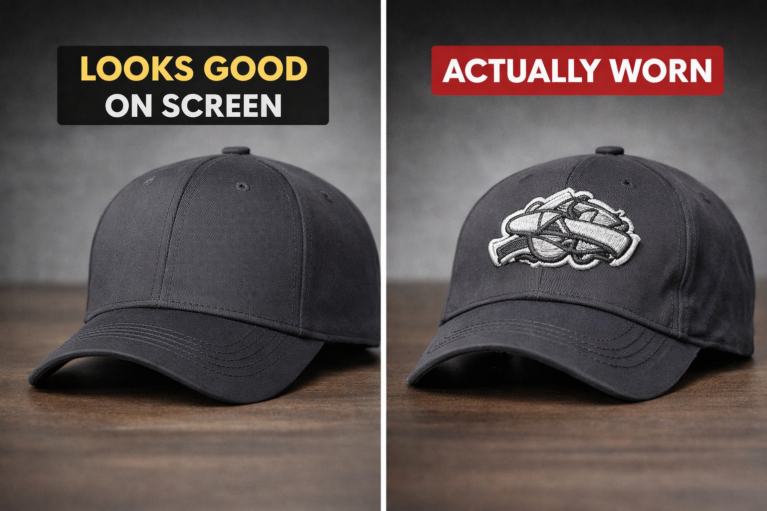 custom hat design comparison showing cap that looks good on screen versus hat that works in real wear